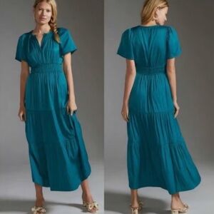 Anthropologie Somerset teal Lumen silk tiered maxi dress